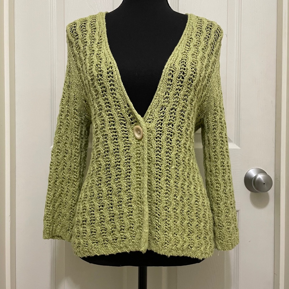 J.Jill Open Knit Cardigan Sweater Cotton‎ Linen Blend Green 3/4 Sleeve Cottage S